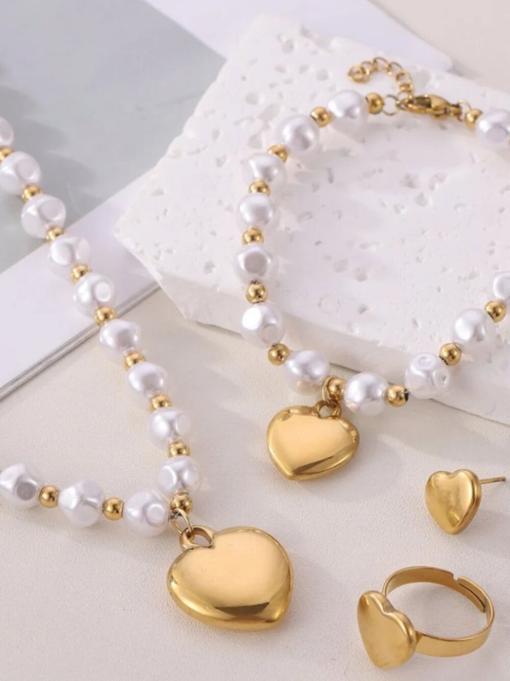 Women's 18K Gold Plated Stainless Steel White Gold Pearl Jewelry Set-4pcs